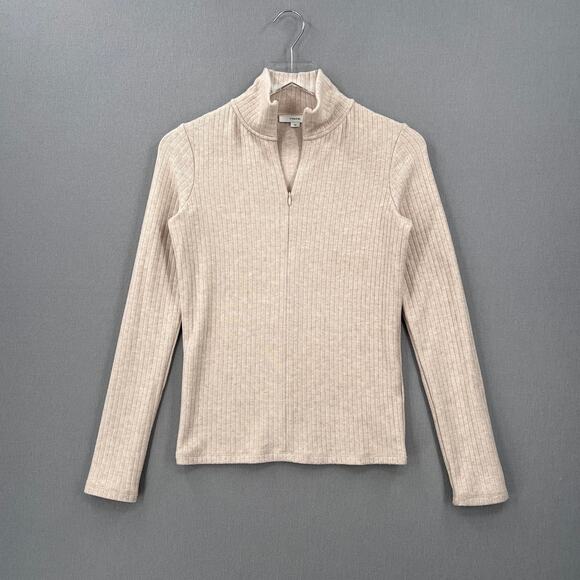 VINCE Ribbed Half Zip Turtleneck Long Sleeve Top Womens Small Tan Stretch Knit - Picture 3 of 16